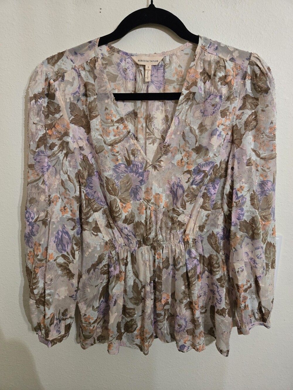 Rebecca Taylor Lavender Floral V-Neck Peasant Top